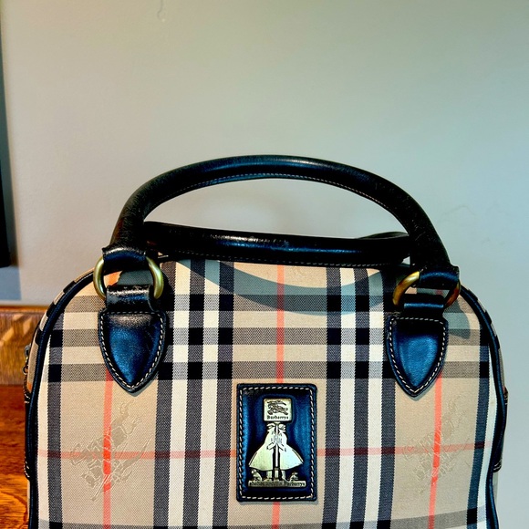 Burberry Handbags - Cute vintage Burberry satchel. Tan classic plaid with black leather trim.